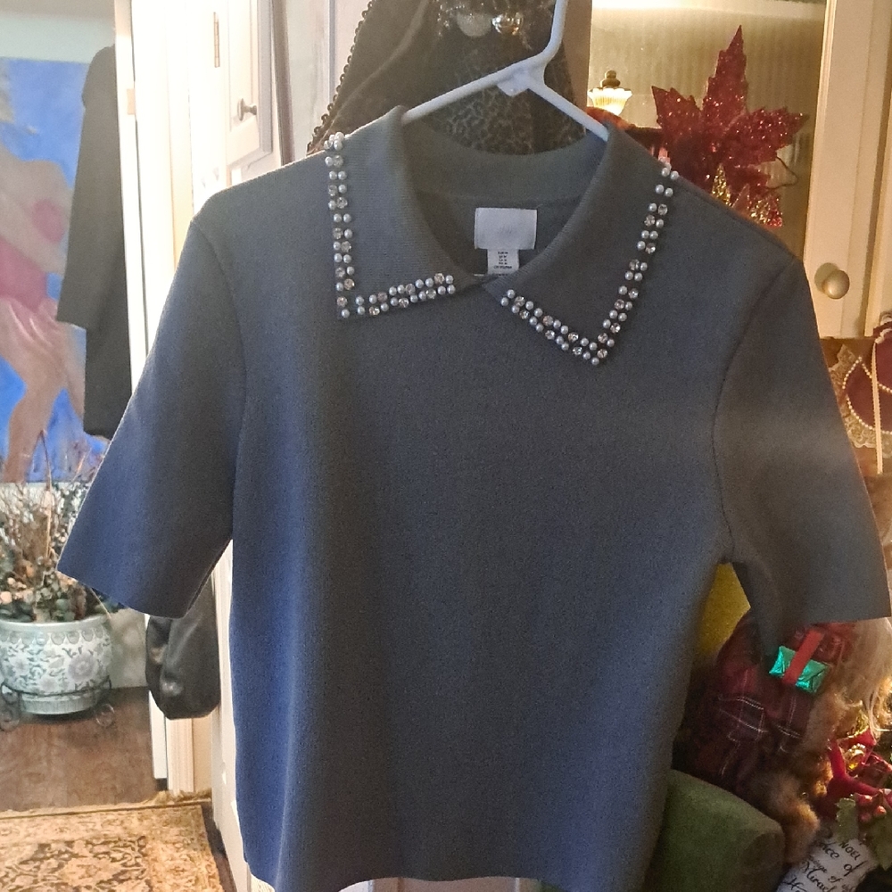 H&M Gray Blouse with Embellished Collar